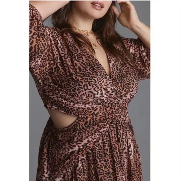 Anthropologie Ranna Gill Midi Dress M NWT Leopard Print Cut Out Puff Party Fall - Picture 6 of 14